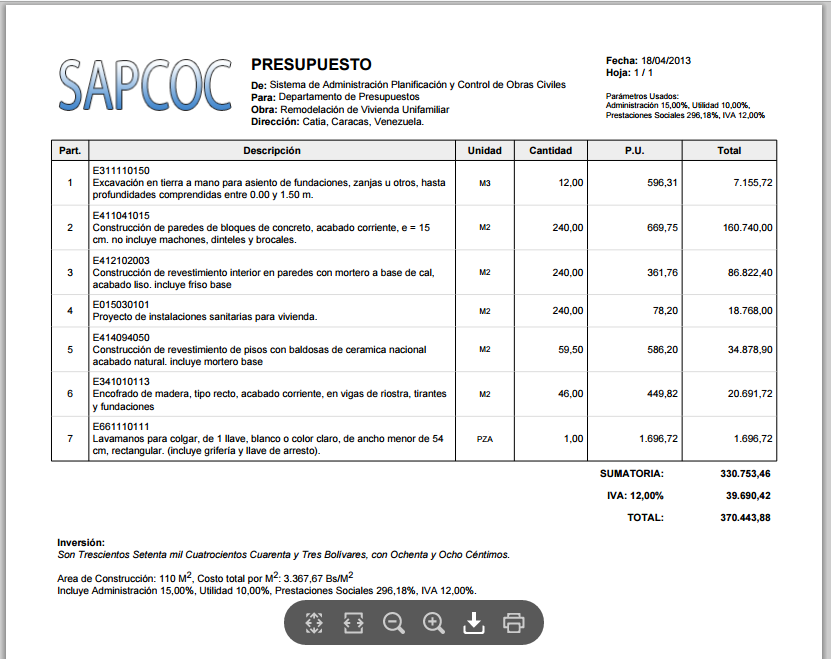 vista Presupuesto en formato PDF creado con SAPCOC